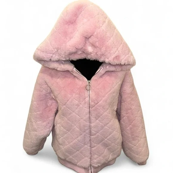 Rare Y2K Forever 21 Baby Pink Faux Fur Zip Hoodie Jacket - Picture 2 of 4